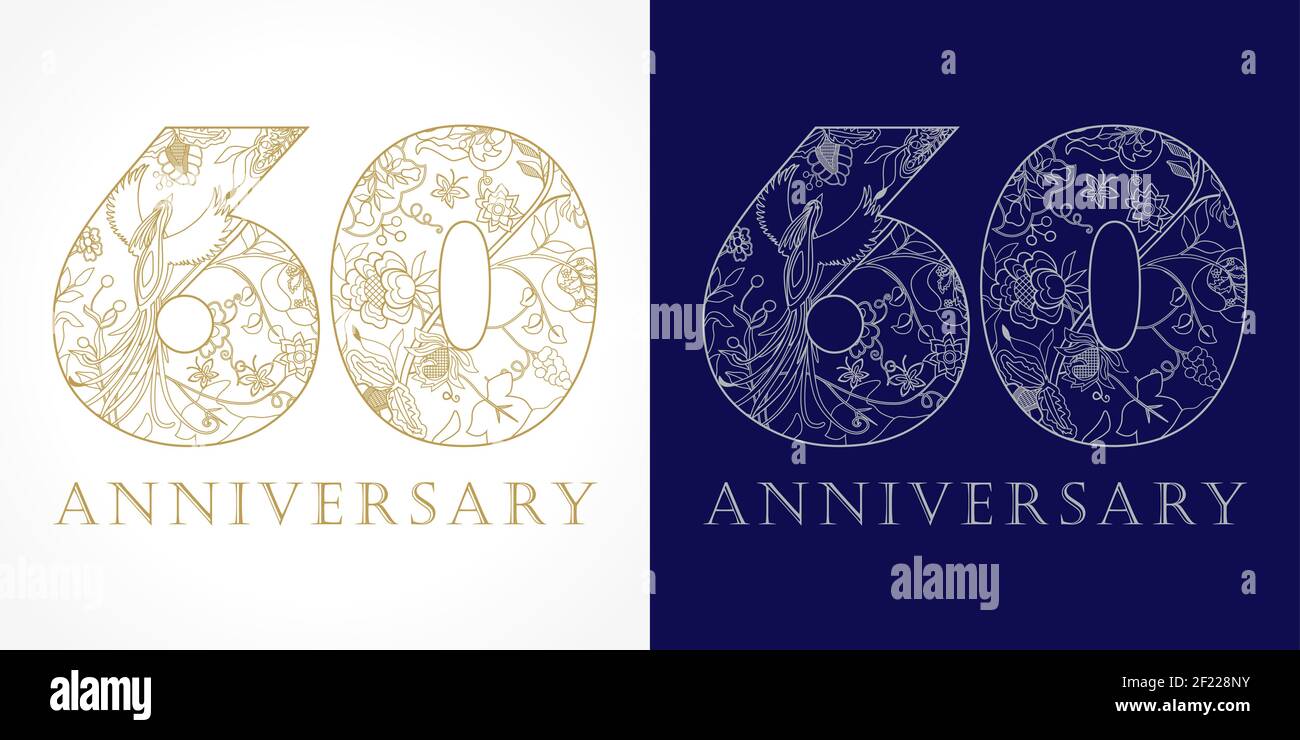 Concept de logo créatif du 60e anniversaire dans les modèles ethniques et les oiseaux de paradis. Modèle de conception graphique abstrait isolé. Panneau Top 60. Illustration de Vecteur