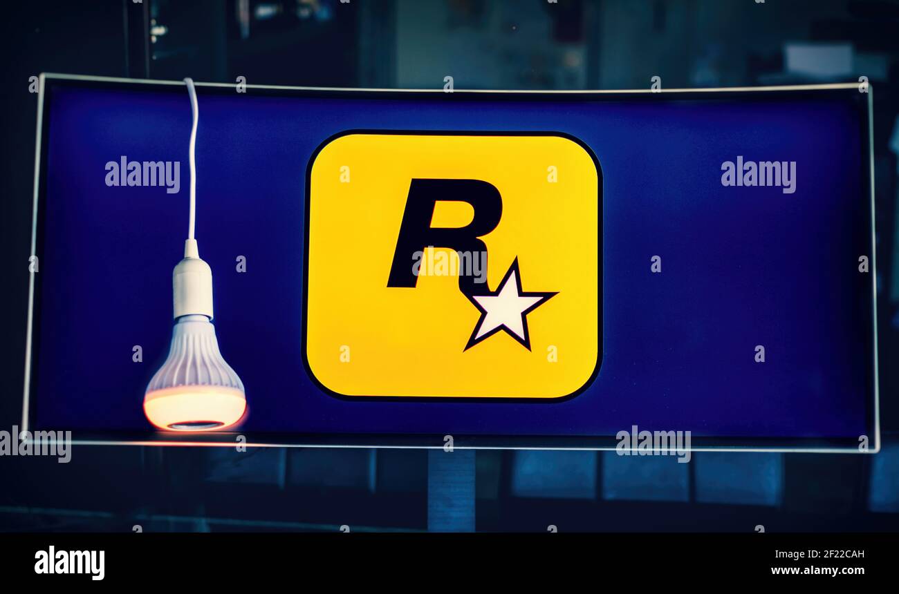 Logo de moniteur Rockstar Games Software House producteur de jeux vidéo, célèbre pour Grand Theft Auto et Red Dead Redemption Banque D'Images