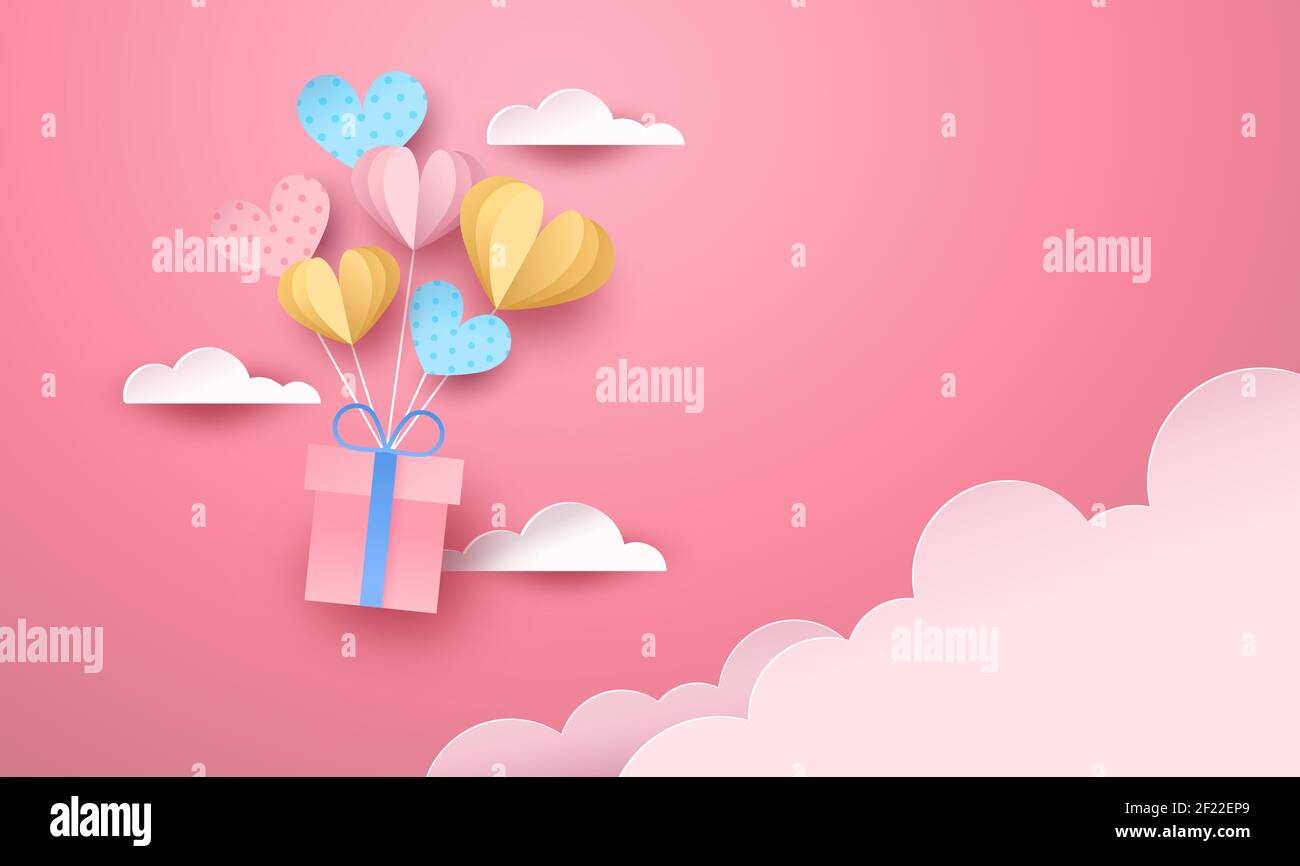 Boîte-cadeau PaperCut rose volant dans le ciel nuageux avec ballons en 3d pour le jour de la Saint Valentin ou le fond romantique de la date. Conception réaliste de lv Illustration de Vecteur