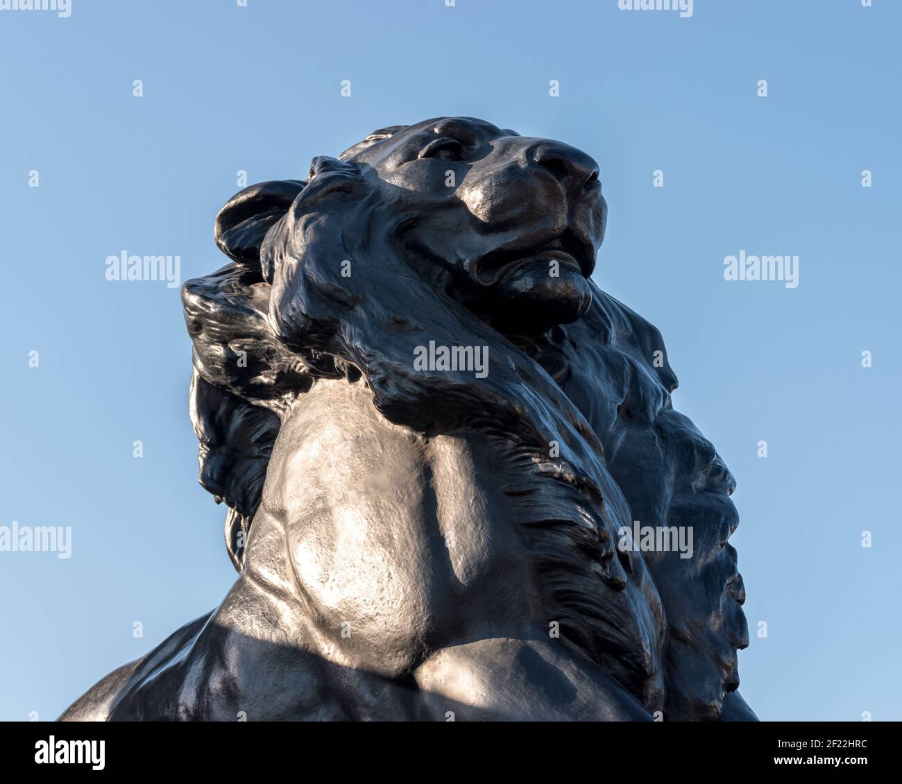 Statue de lion de bronze sur fond de ciel bleu. Banque D'Images