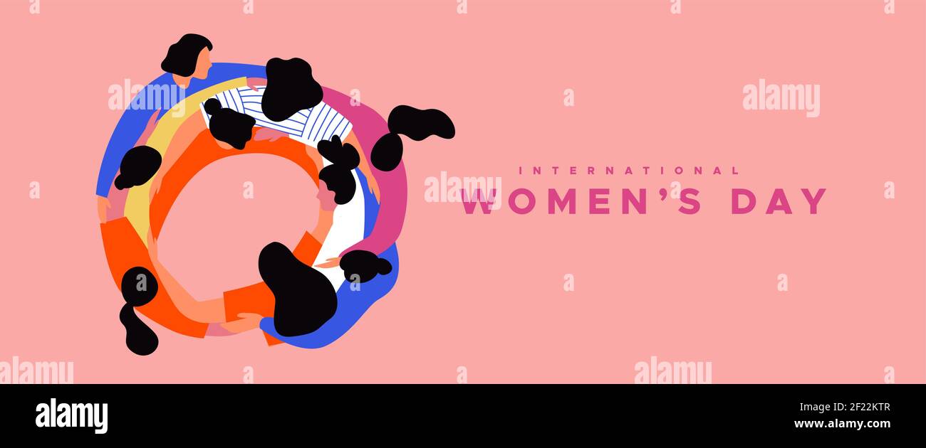 Carte de vœux de la Journée des femmes heureuse illustration de diverses femmes faisant le cercle de hug de groupe. Les amis féminins ensemble pour mars 8 les droits internationaux de la femme e Illustration de Vecteur