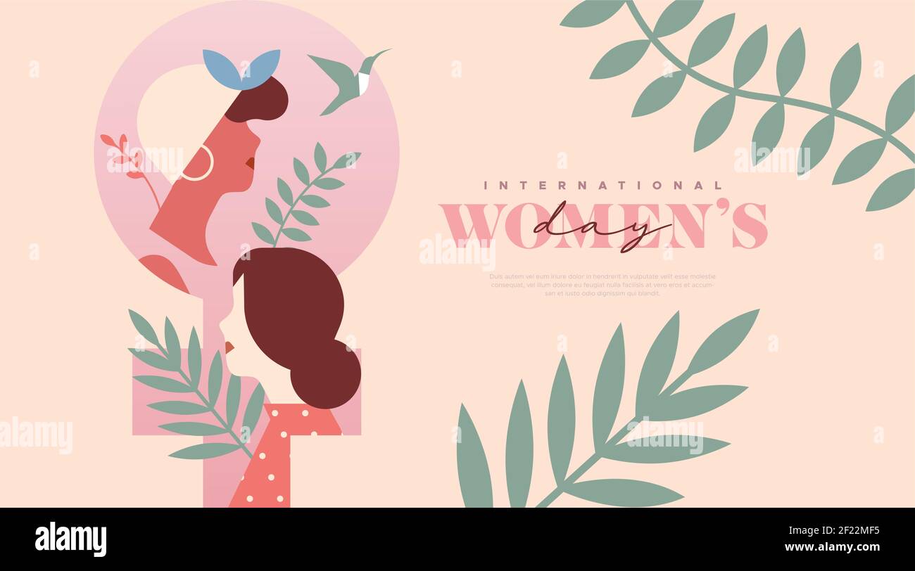 Carte de vœux Happy Women's Day illustration, magnifiques visages de femmes avec feuille de plante tropicale et symbole femelle rose pour l'événement du 8 mars. Voiture plate tendance Illustration de Vecteur