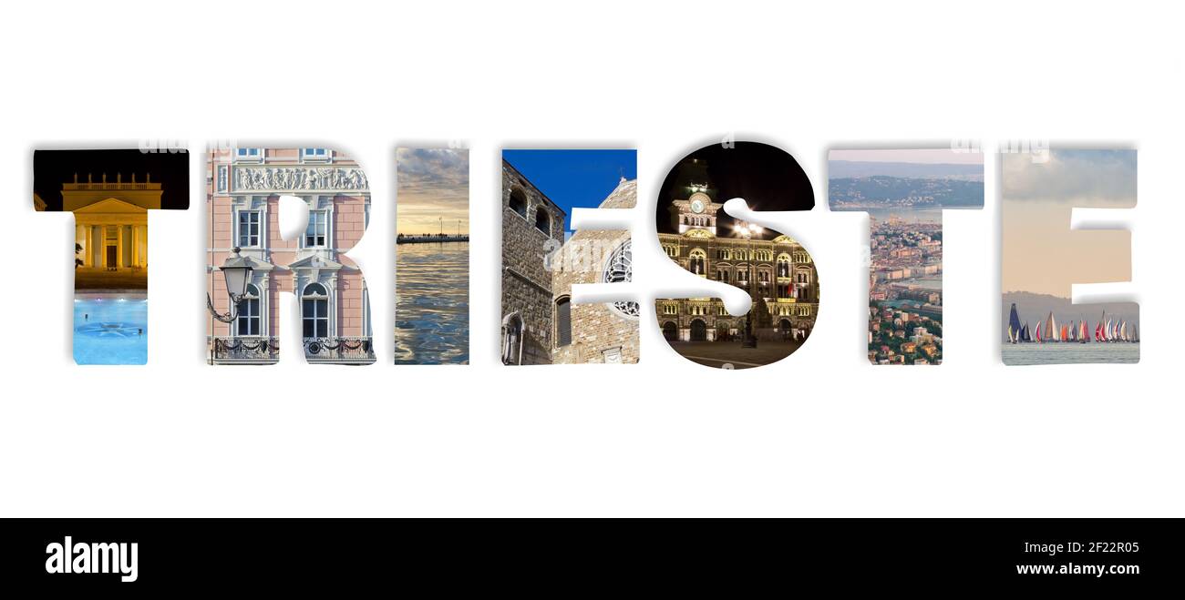 Mot Trieste dans lequel une photo représentant un point de repère de la ville est appliquée à chaque lettre Banque D'Images