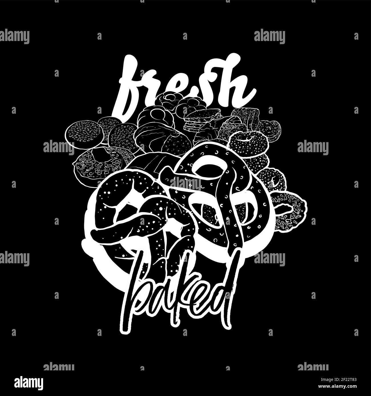 Étiquette de produits de boulangerie frais avec des produits de boulangerie sur le mur noir imprimés artistiques et chemises Illustration de Vecteur