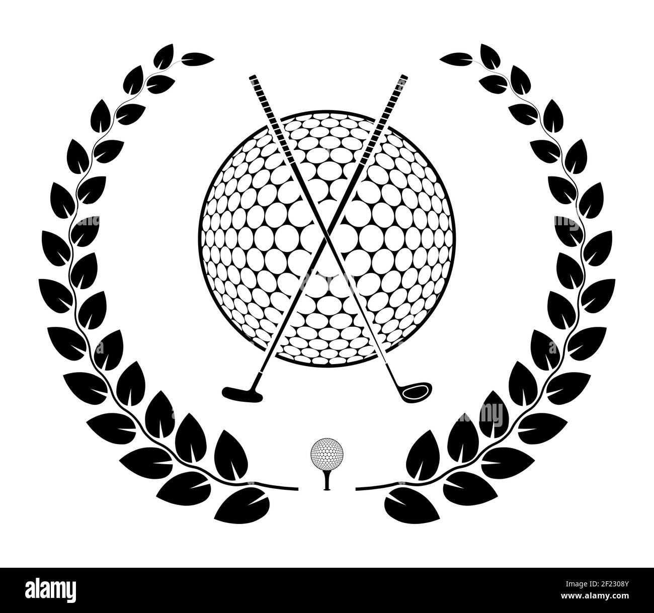 emblème des clubs de golf sportifs croisés et balle avec couronne de laurier pour la compétition. Symbole équipement sportif. Mode de vie actif. Vecteur Illustration de Vecteur