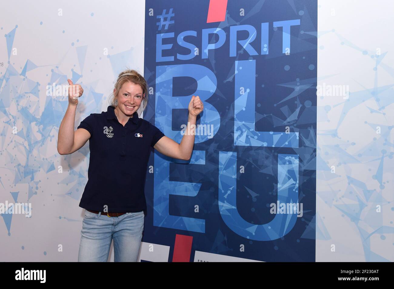 Marie Dorin Habert (FRA) lors de la présentation de l'équipe française 100 jours avant les Jeux Olympiques de Pyeongchang 2018 à la salle Pleyel, Paris, le 4 octobre 2017. Photo Jean-Marie Hervio / KMSP / DPPI Banque D'Images