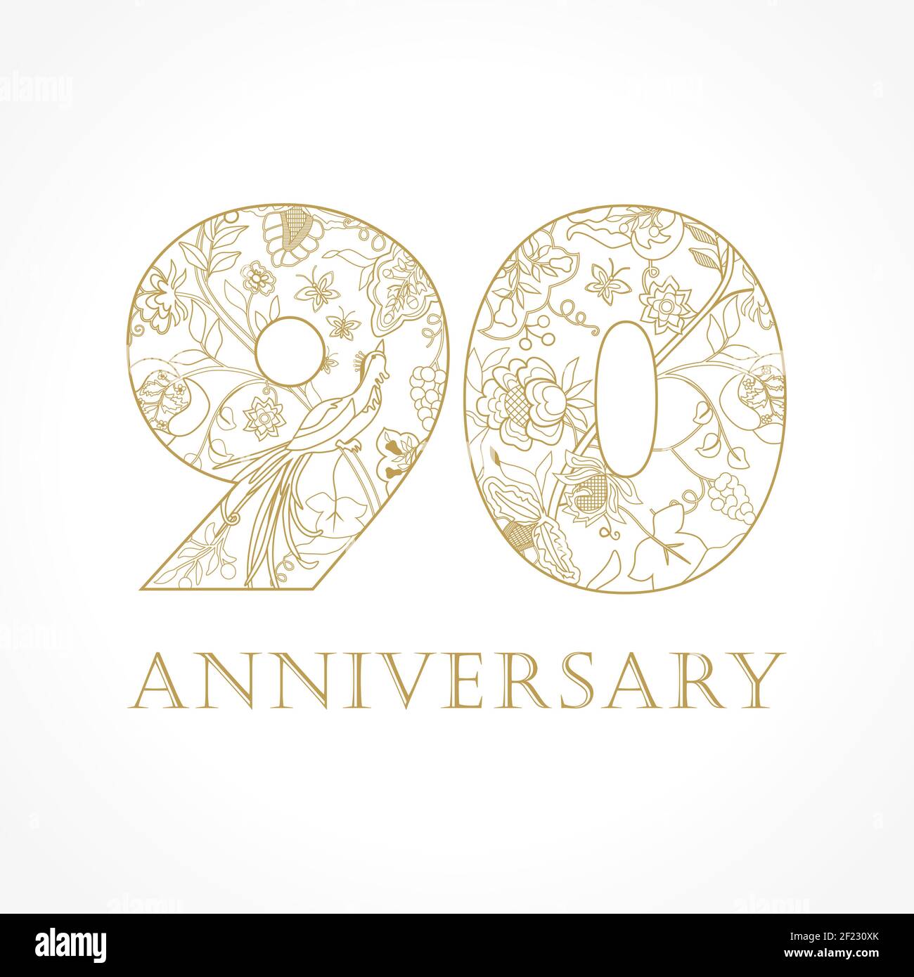 Concept de logo créatif du 90e anniversaire dans les motifs ethniques et les oiseaux de paradis. Modèle de conception graphique abstrait isolé. Panneau Top 90. 90 % percen Illustration de Vecteur