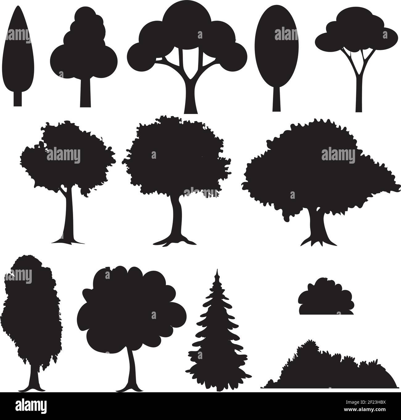 Ensemble de différents arbres stylisés en silhouette. Illustration de Vecteur