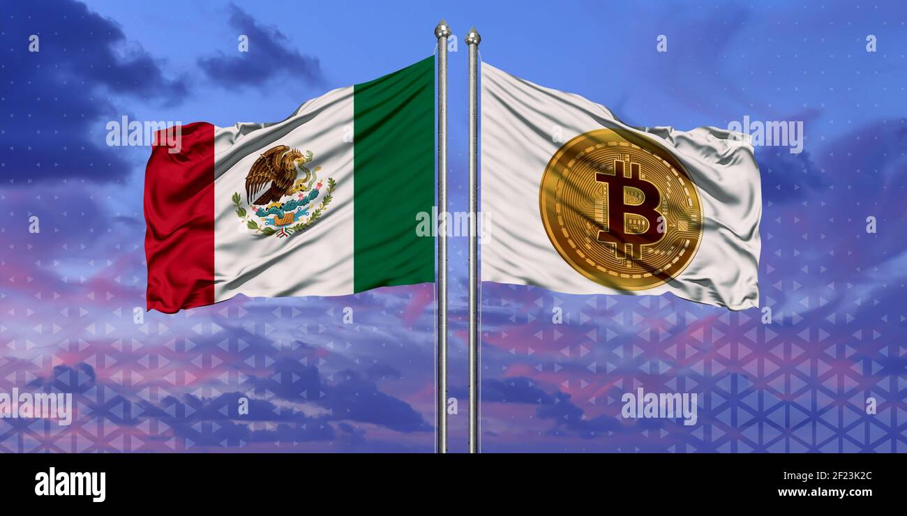 Le drapeau du Mexique et du Bitcoin survole le ciel bleu Banque D'Images