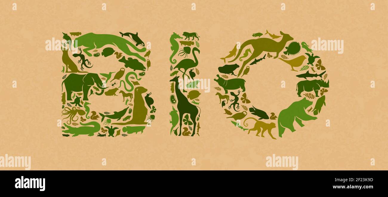 Les formes d'icône d'animal vert définissent l'illustration sur la texture du papier recyclé. Silhouette d'animaux sauvages divers faisant du texte bio citation signe forme pour l'environnement Illustration de Vecteur