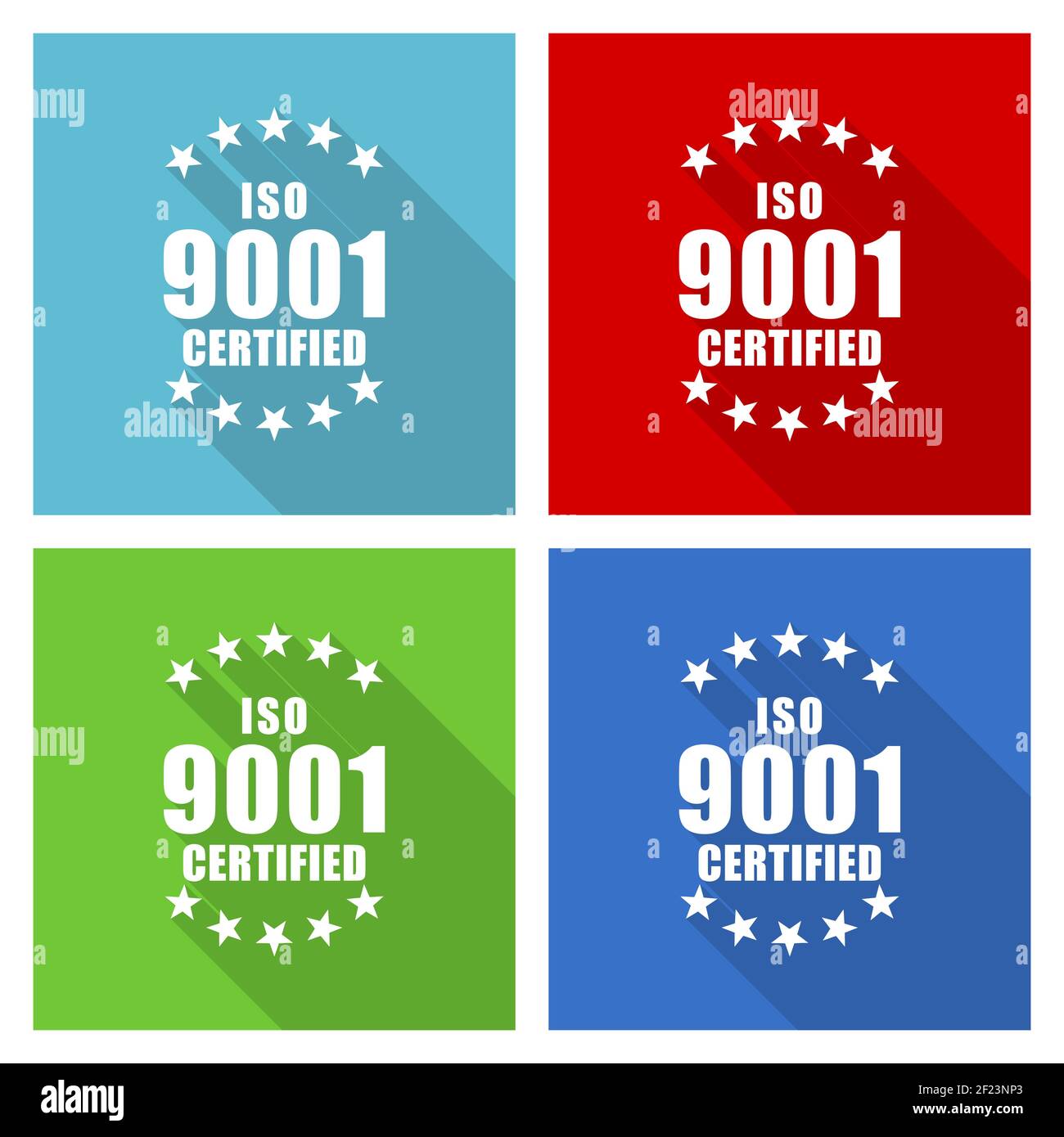 Jeu d'icônes ISO 9001, illustration vectorielle plate dans eps 10 pour les applications Web et mobiles en quatre couleurs Illustration de Vecteur