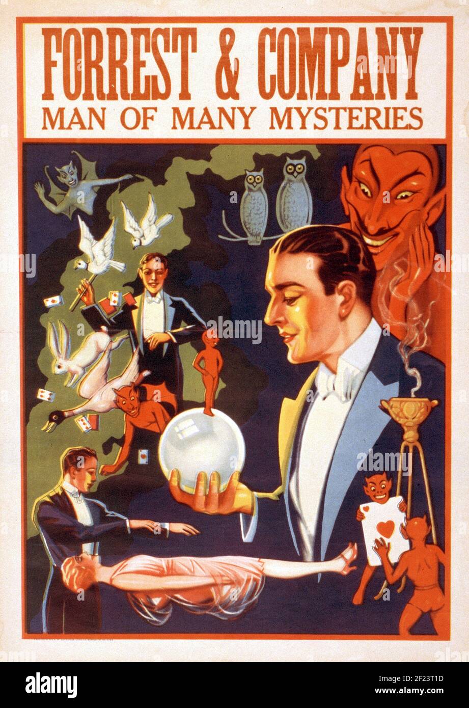 Affiche classique, Forrest & Company Homme de nombreux mystères, sho magique avec boule de cristal. Banque D'Images