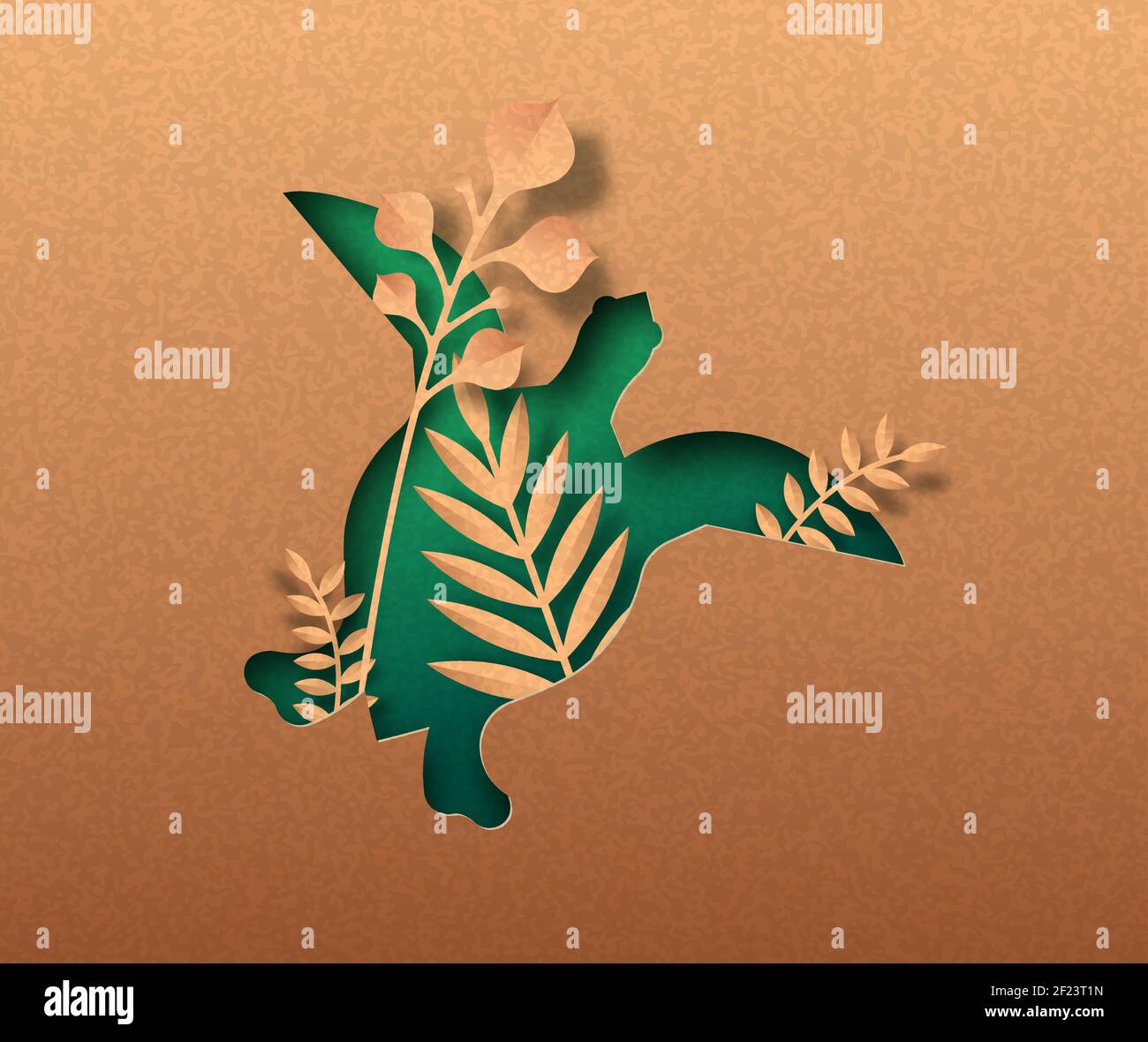 Vert tortue de mer animal isolé coupe papier silhouette avec feuille de plante tropicale à l'intérieur. Découpe de tortue de texture de papier recyclé. Conservation de la faune, c Illustration de Vecteur