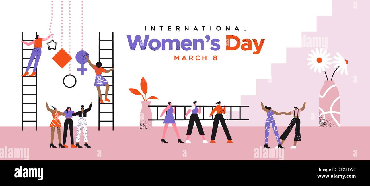 Illustration de la carte de vœux de la Journée internationale de la femme pour l'événement de mars 8 sur l'égalité des femmes. Une équipe de filles de dessins animés à la mode travaillant ensemble avec des amis. FE Illustration de Vecteur