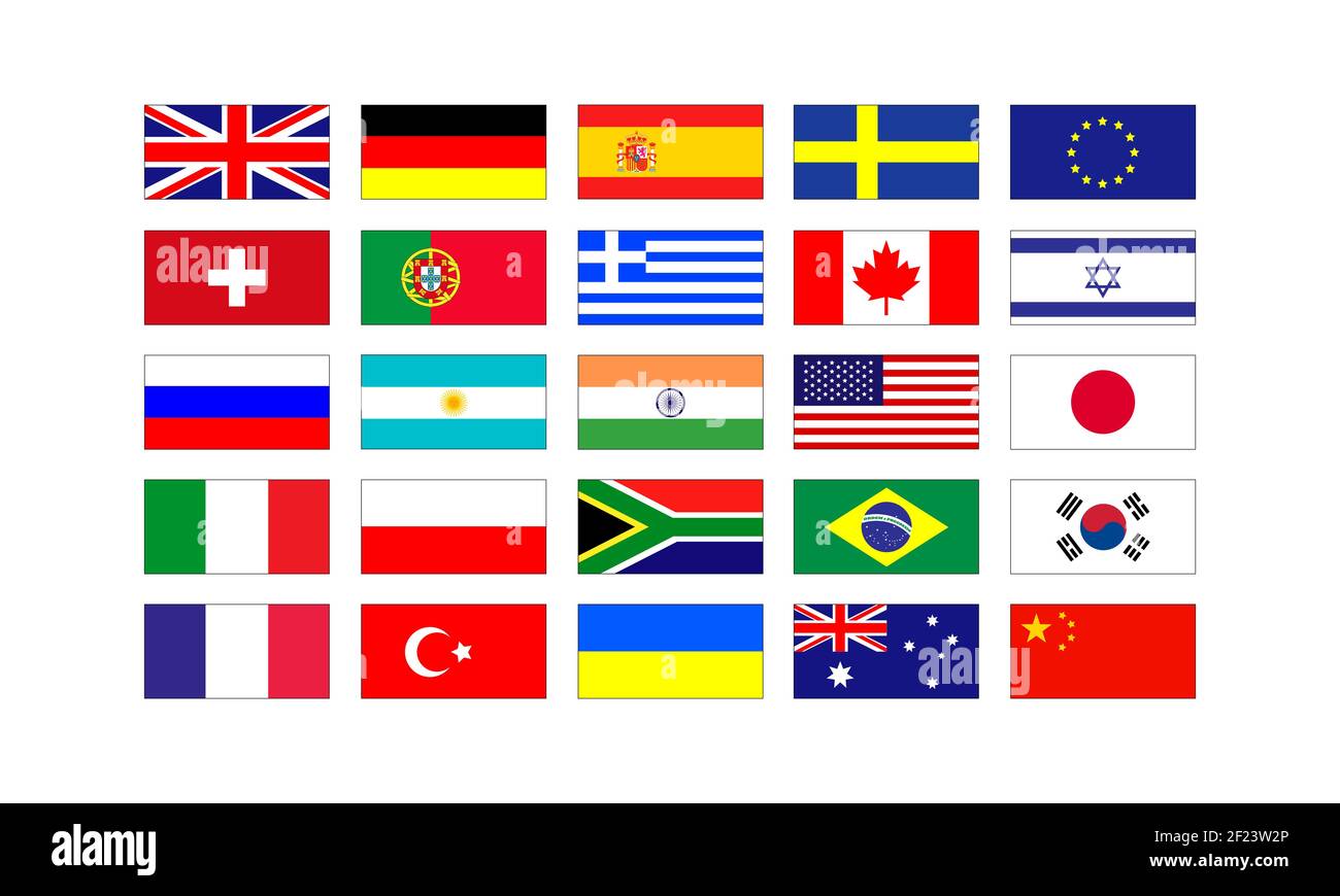 Ensemble de drapeaux populaires des pays d'Europe et d'Amérique isolés sur fond blanc. Illustration vectorielle EPS 10 Illustration de Vecteur