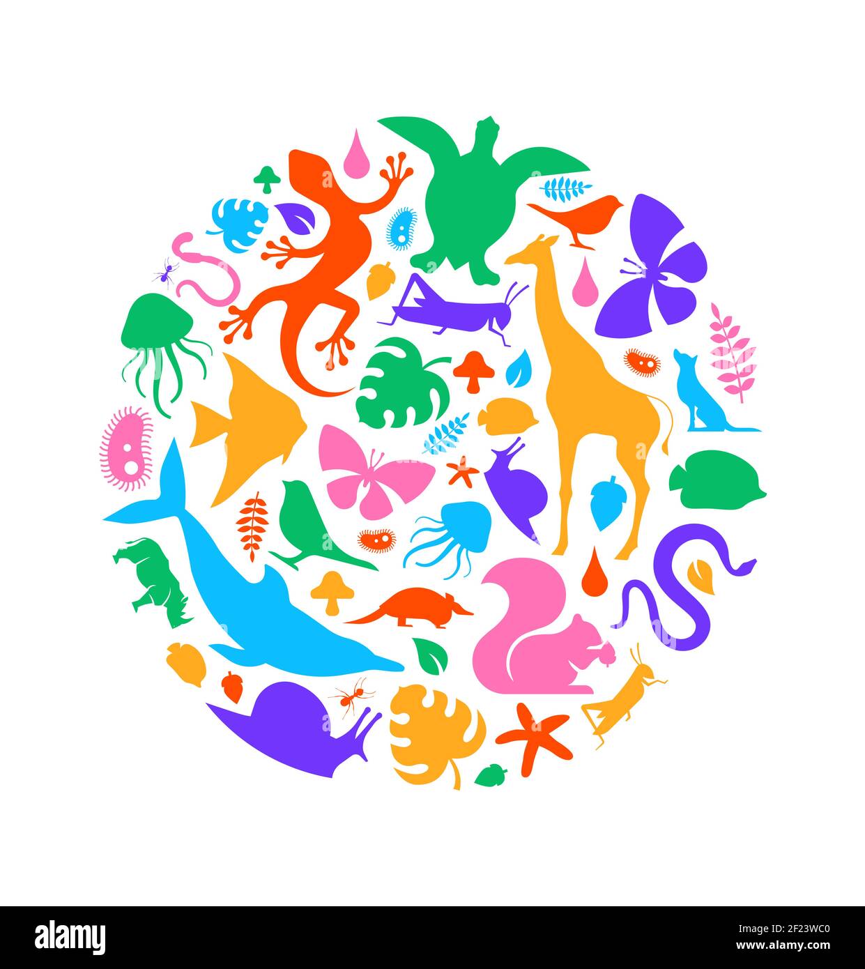 Diverses formes d'animaux faisant un cadre de cercle sur un arrière-plan blanc isolé. Silhouettes pour animaux colorés, illustration ronde pour bioplongeur de la vie sauvage Illustration de Vecteur