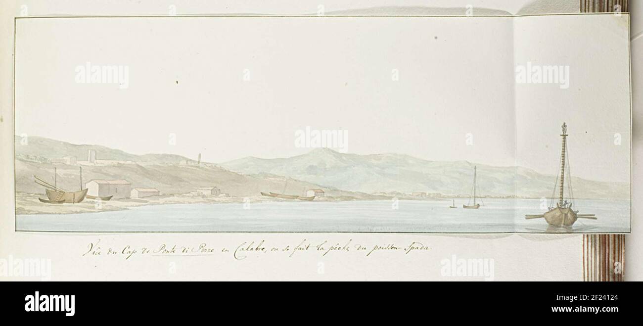Vue sur le Cap Ponte di Pezzo en Calabre avec des bateaux de pêche où le poisson-Spada vient de cette inscription. Tiré de l'album 'Voyage et Italie, et Sicile et à Malte', 1778. Banque D'Images