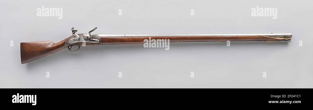 Pièce murale en forme de flintlock.fusil Fortress Flint (Walbuks) avec verrouillage de batterie; pneu profilé avec espace; grain de vizier en fer demi-ovale allongé; sans visière; plaque de verrouillage plate de marque et rooster avec côtés biseautés inclus; contre-plaque de verrouillage inférieur; flacon en forme de noisette; bande en laiton sur le plateau; Quatre supports de bras de chargement en laiton dont les trompettes avant ; support de déclenchement rond large ; flacon en laiton ; bras de chargement en fer avec partie avant plus épaisse ; plaque de contre-horloge en laiton en forme d'accolade. En 1830 utilisé. Banque D'Images