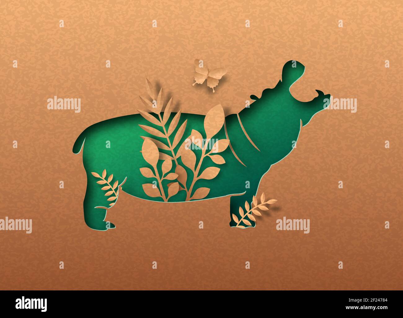 Vert hippopotame animal isolé silhouette coupée de papier avec feuille de plante tropicale à l'intérieur. Concept de découpe de texture de papier recyclé pour l'afrique safari, sauvage Illustration de Vecteur