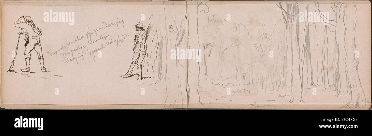 Laan dans la forêt, chiens et trois femmes dans la Hague.Leaf 5 Verso et 6 Recto d'un carnet de croquis de 46 feuilles. Banque D'Images