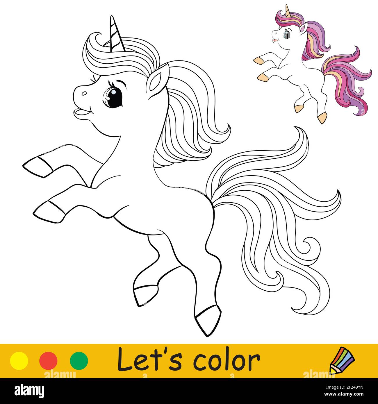 licorne mignon avec longue robe violette. Page de livre de coloriage avec modèle coloré. Illustration de dessin animé vectoriel isolée sur fond blanc. Pour colorier Illustration de Vecteur