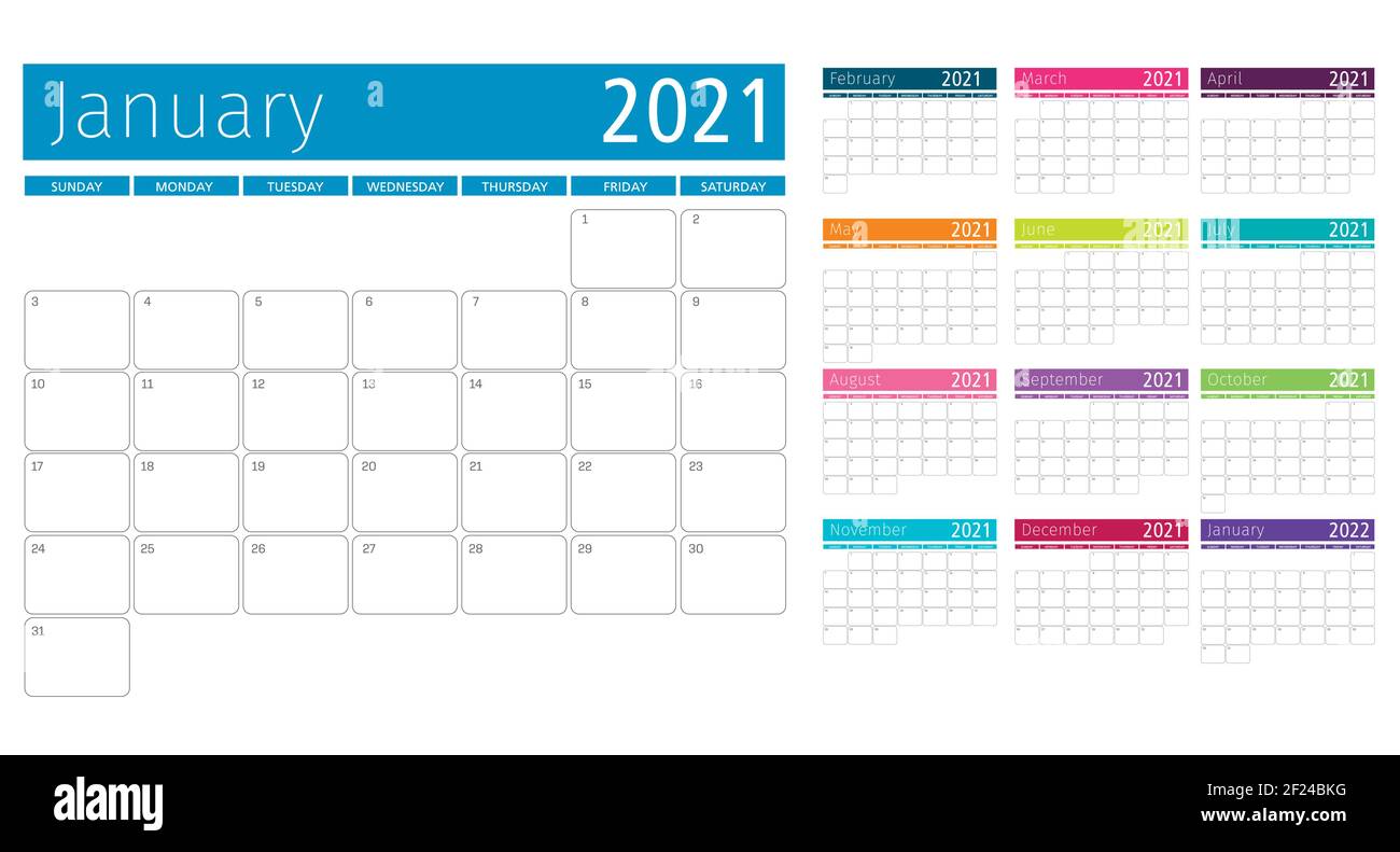grille de modèle de calendrier mensuel pour 2021 multicolore Illustration de Vecteur