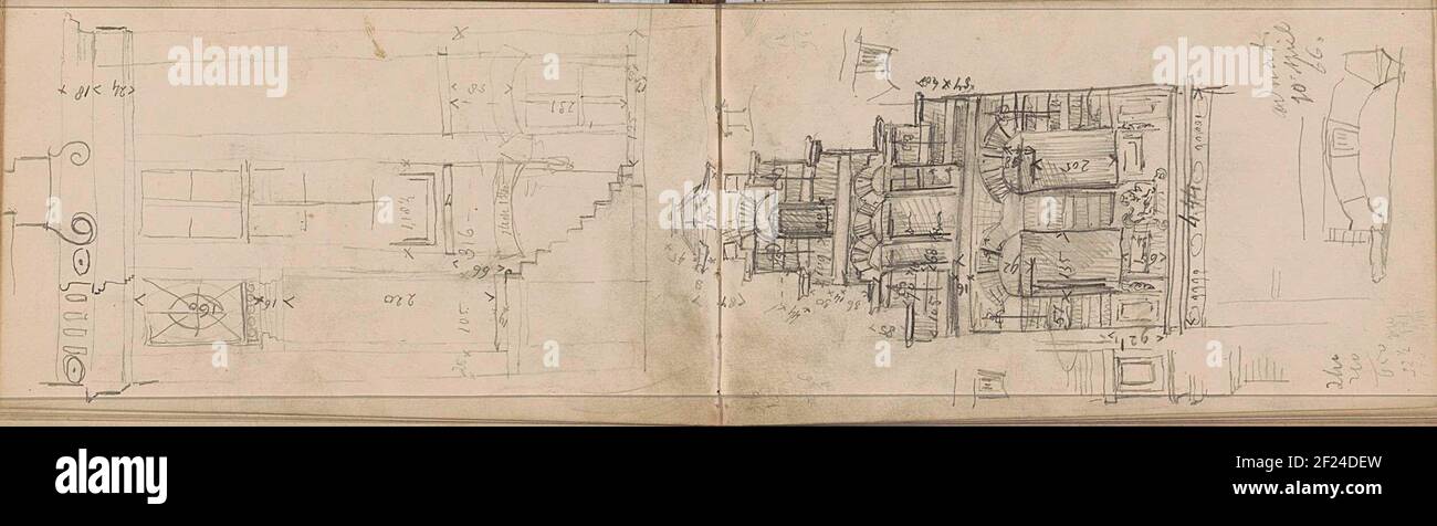 Façade d'un bâtiment avec un coup de pied de façade.aussi des études ou des pilastres, des fenêtres et un Cornice. Feuille 19 Verso et 20 Recto d'un carnet d'esquisses avec 67 feuilles. Banque D'Images