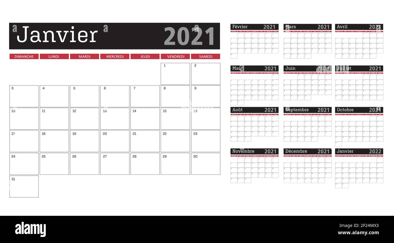 grille de modèle de calendrier mensuel français pour 2021 Illustration de Vecteur