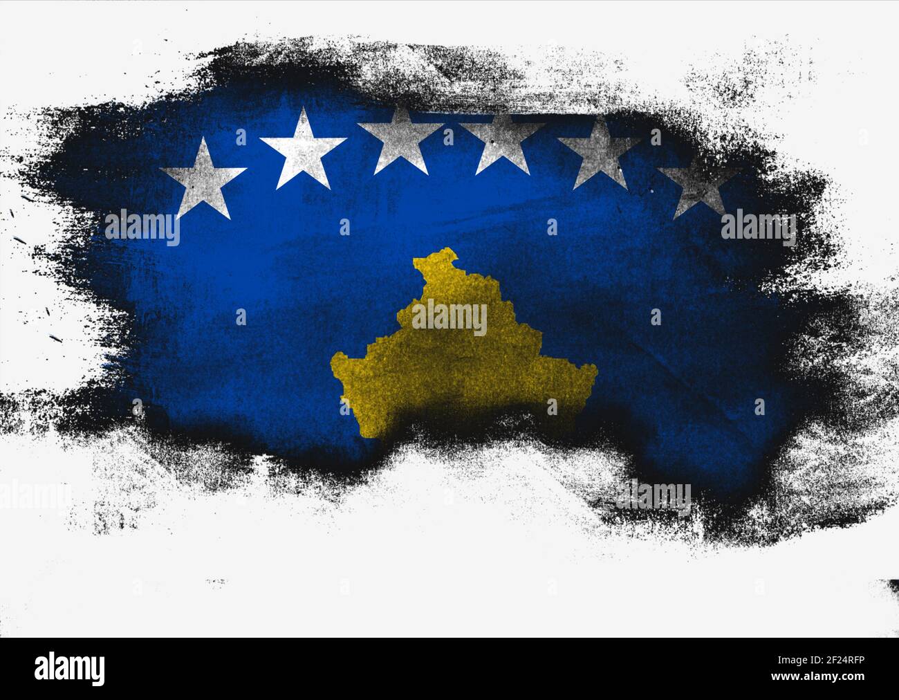 Un rendu 3D d'un drapeau national du Kosovo avec grunge de peinture sur fond blanc, Banque D'Images