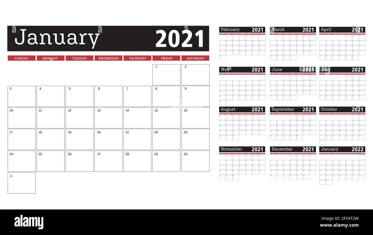 grille de modèle de calendrier mensuel pour 2021 Illustration de Vecteur