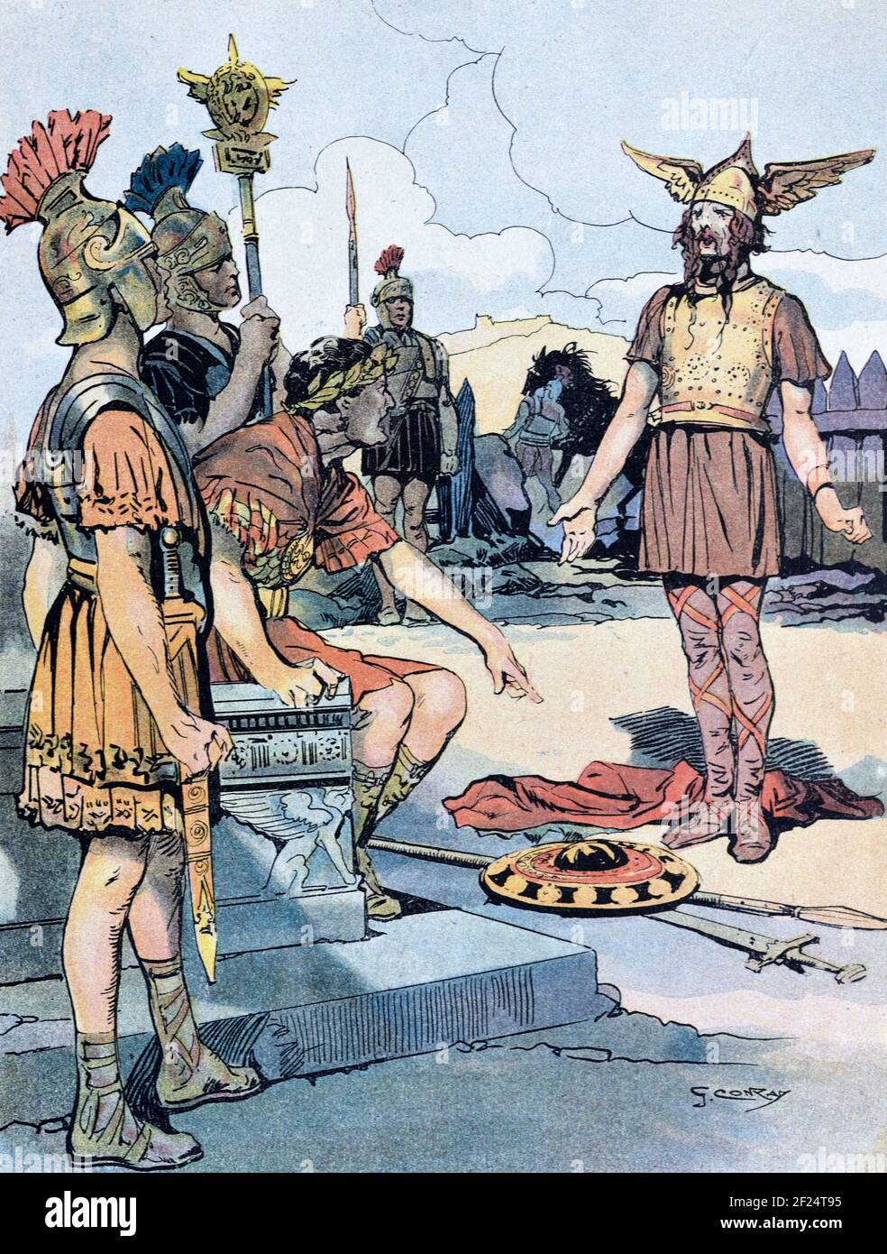 Vercingetorix (c82BC-46BC) soumet ou cède à Julius Caesar & the Romans après la bataille décisive d'Alésia, une victoire pour les Romains, en 52BC, qui a été la fin des guerres galloises (58BC-52BC). Illustration ancienne c1940 Banque D'Images