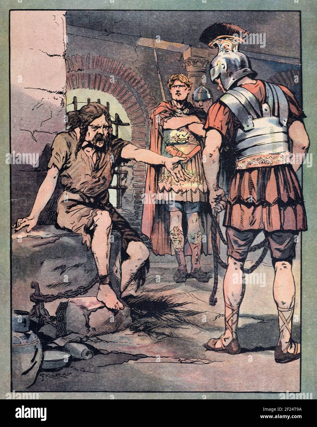 Vercingetorix est jeté en prison ou emprisonné dans la prison de Tullianum, Rome par les Romains après avoir soumis aux envahisseurs après sa défaite à la bataille d'Alésia ou Siege d'Alésia, qui a mis fin aux guerres gaules (58BC-52BC) la Gaule antique ou la Gaule romaine. Illustration ancienne c1940 Banque D'Images
