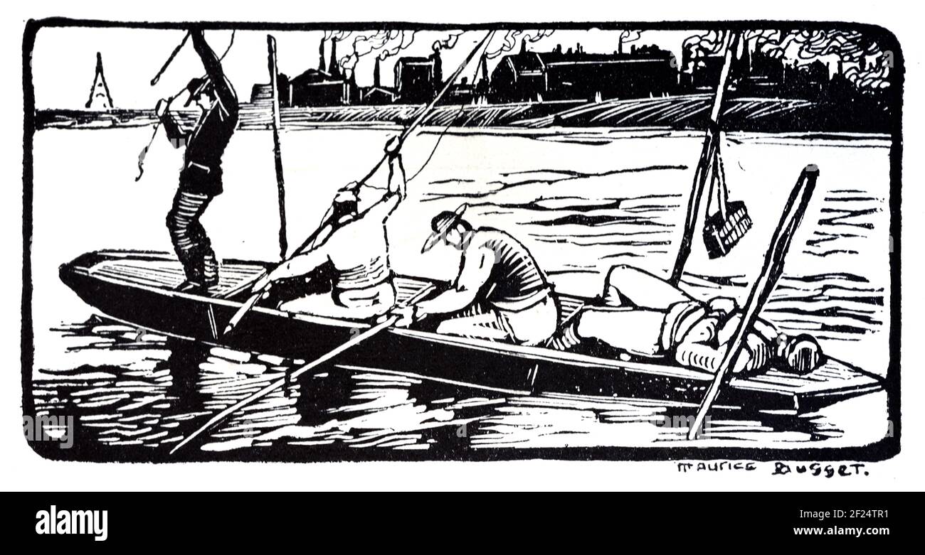 Pêcheurs pêche à bord d'un bateau en bois sur la Seine Paris France. Gravure en bois d'époque, coupe de bois Woodblock imprimé par Maurice Busset c1925 Banque D'Images