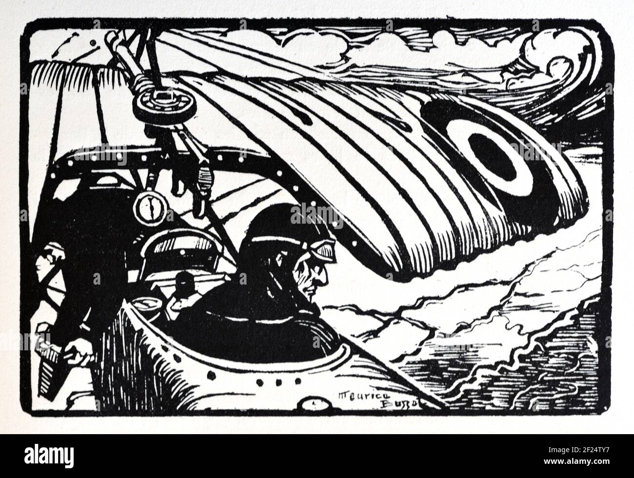 Aviator français précoce, Fighter Pilot ou Flying Ace. Gravure en bois d'époque, impression en bois ou coupe de bois par Maurice Busset c1920 Banque D'Images