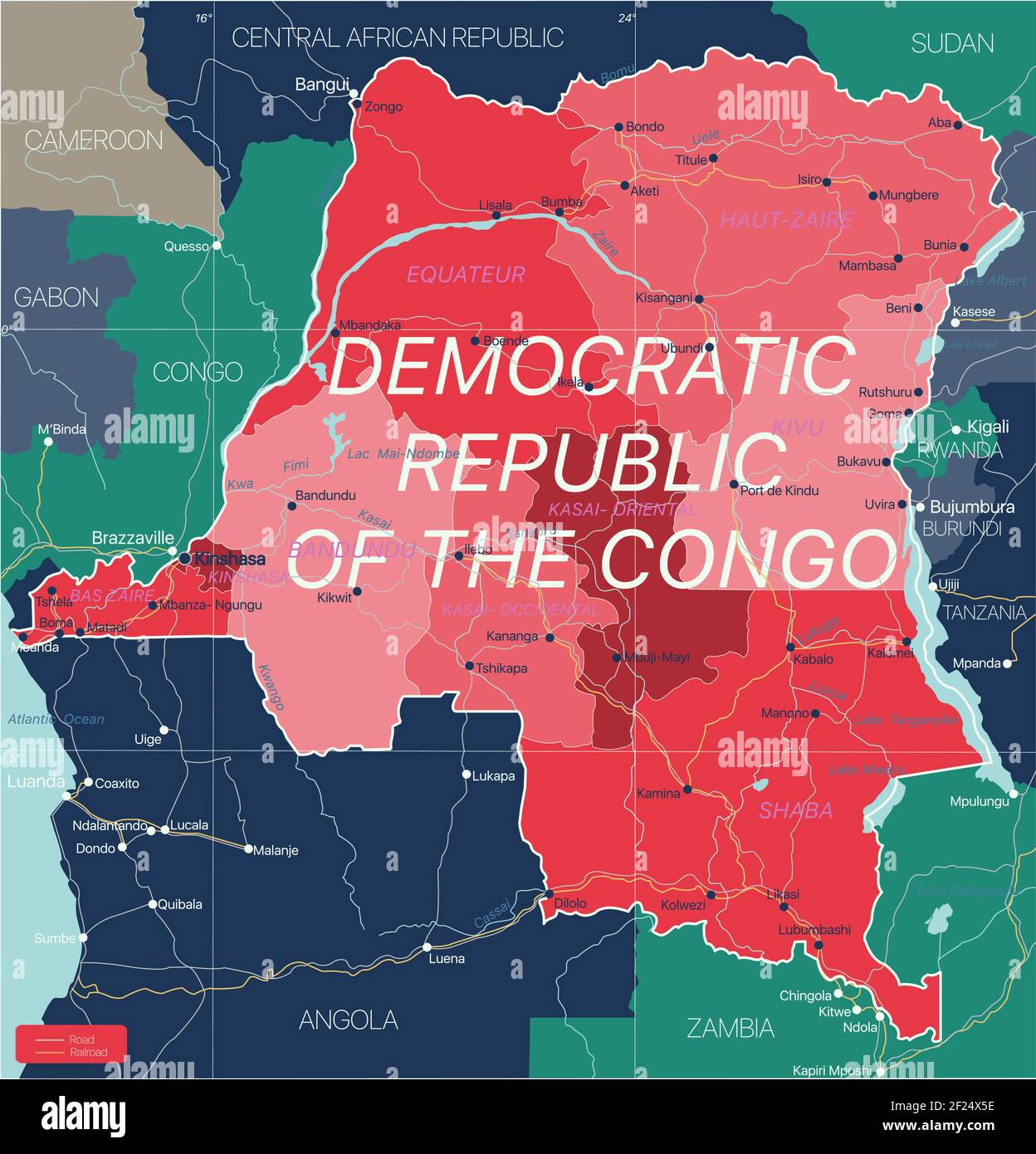 Pays de la République démocratique du Congo carte détaillée modifiable avec régions villes, routes et chemins de fer, sites géographiques. Fichier vectoriel EPS-10 Illustration de Vecteur