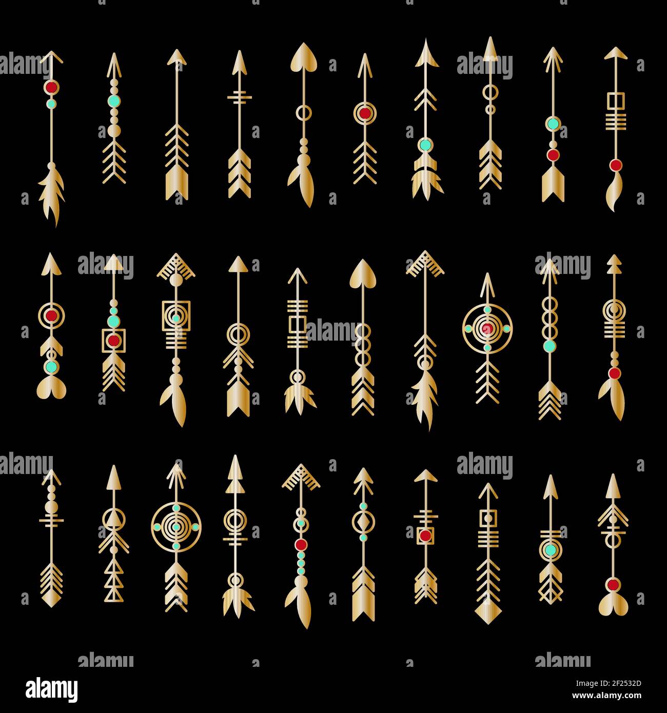 Ensemble de flèches dorées. Collection d'éléments tribaux. Collection de bijoux tendance et géométrique. Éléments de conception vectoriels. Illustration de Vecteur