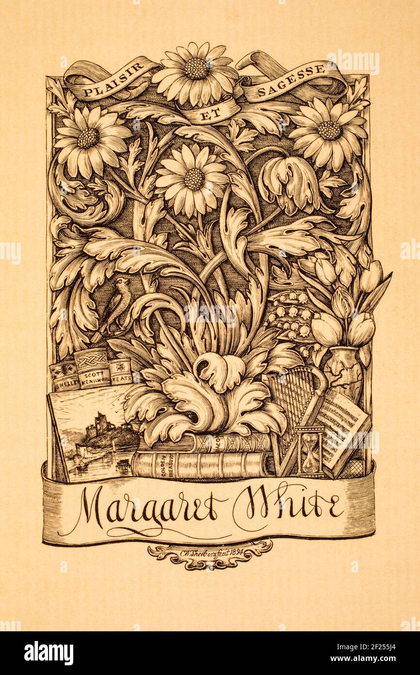 1894 Librairie gravée en cuivre pour Margaret White, gravée par le «petit maître victorien», Charles William Sherborn Banque D'Images