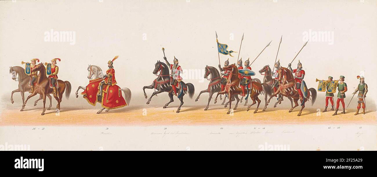 Delft parade de 1873 (troisième plaque); procession revêtue tenue par les membres des Delftsche Studentencorps le 8 juillet 1873, représentant: L'arrangement de Karel van Egmond, Hertog van Gelre, Graaf van Zutphen, dans Arnhem en 1492.troisième plaque avec les numéros 36-47, les noms ou les étudiants en dessous de crayon. Partie de la série ou à des plaques consécutives de la procession costumée historique par les étudiants de l'école polytechnique Hogeschool van Delft le 8 juillet 1873. La procession dépeint l'arrivée ou Karel van Egmond à Arnhem en 1492. Banque D'Images