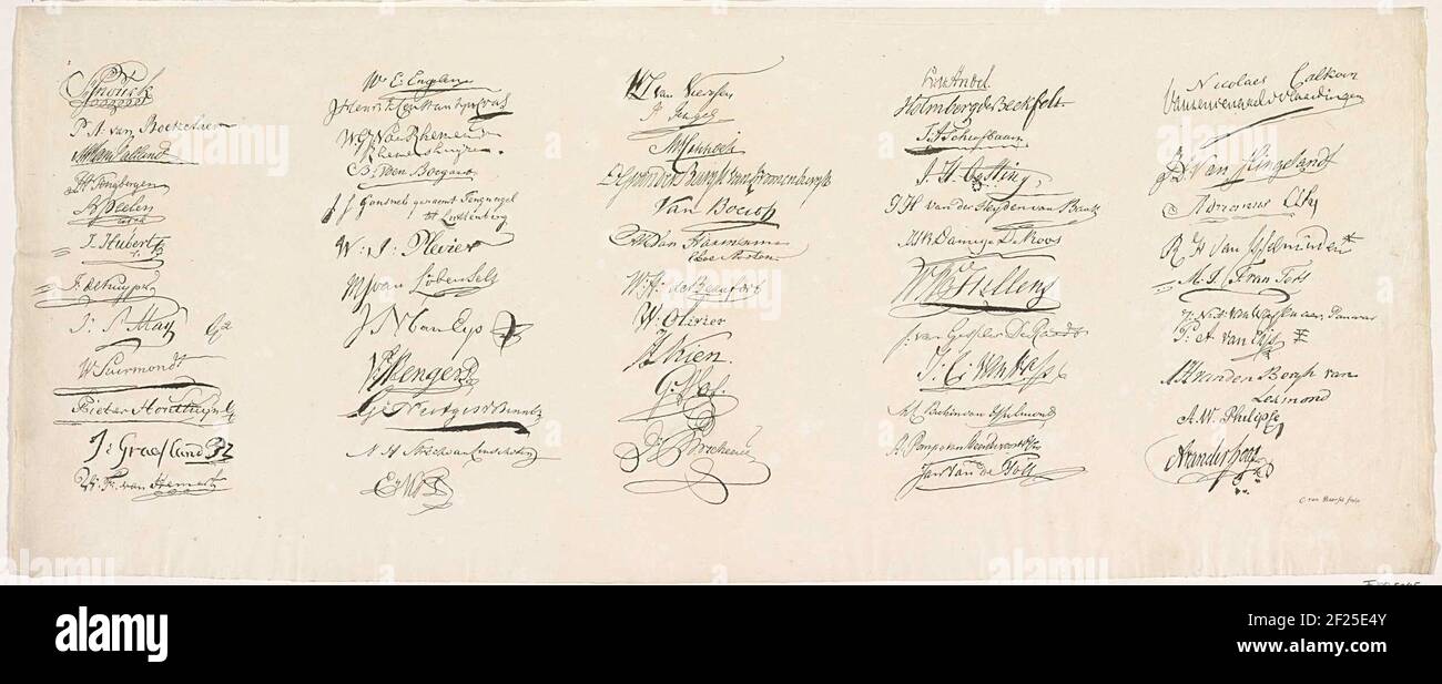 Feuille avec les signatures des membres de la séance, 1814; dessins  nominaux des membres de la réunion de significatif, en faveur de la  constitution de la Constitution pour les pays-Bas. Gravé sur