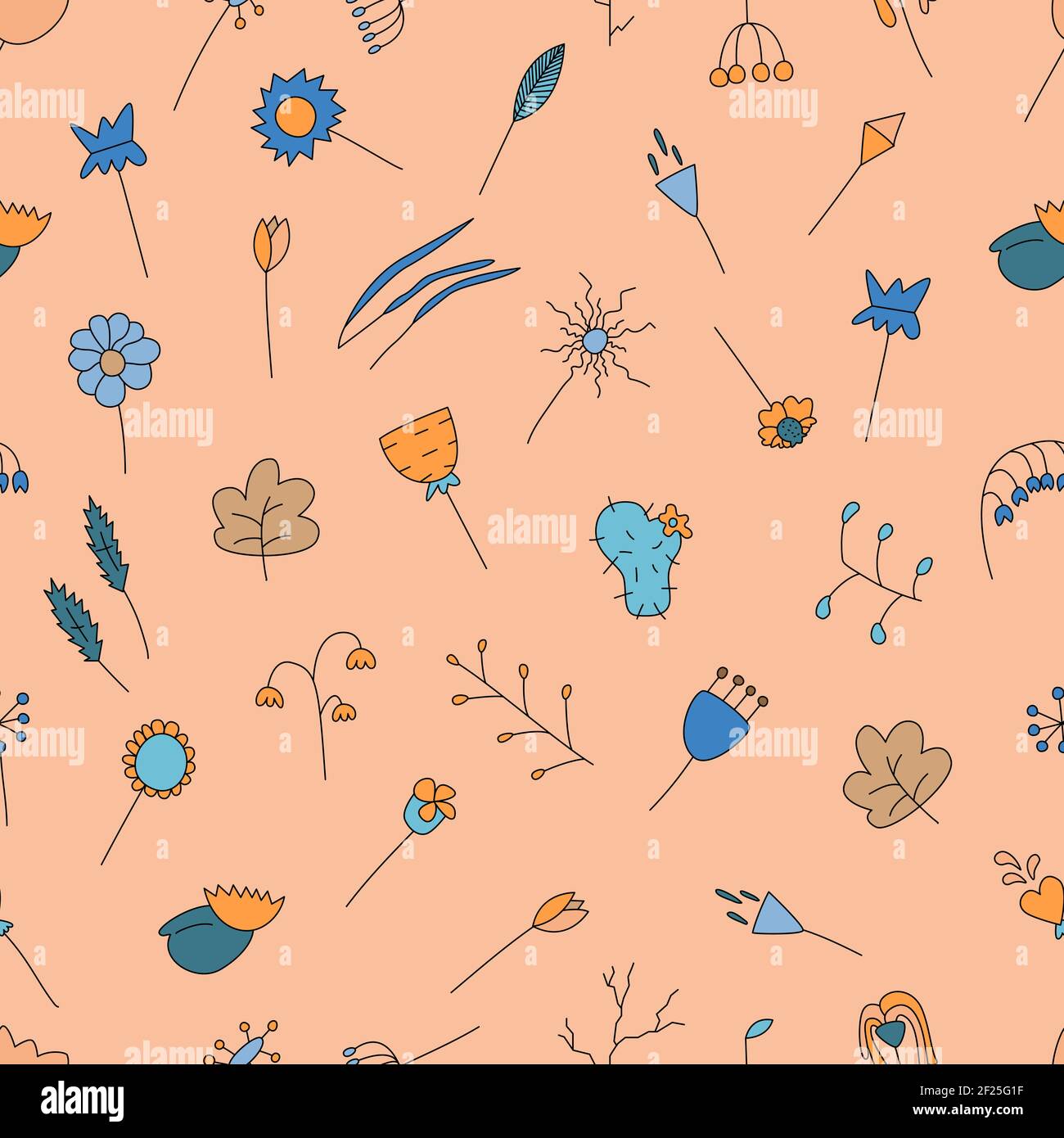 Motif orange sans couture avec éléments botaniques fleuris dessinés à la main Illustration de Vecteur