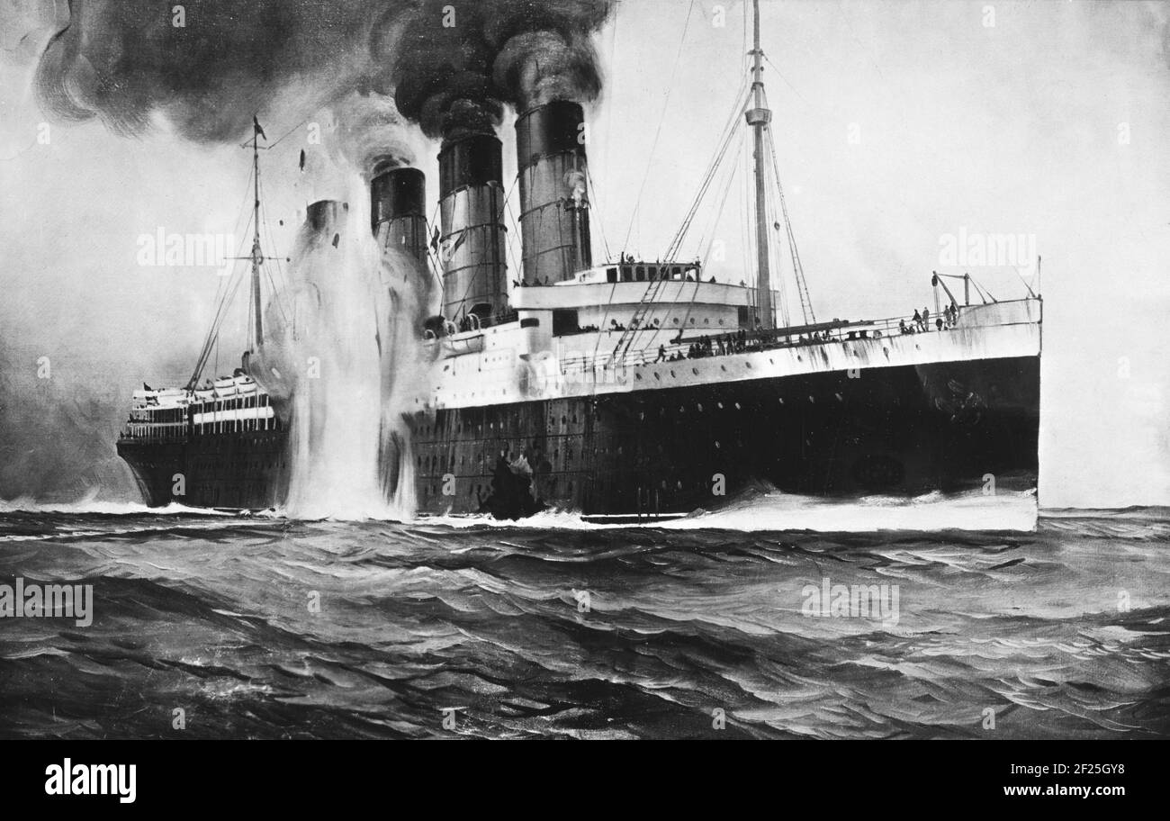 Lusitania. Illustration intitulée "RMS Lusitania, frappé par des torpilles au large de Kinsale Head, Irlande", dessin, fait pour le New York Herald et la sphère de Londres, 1915 Banque D'Images