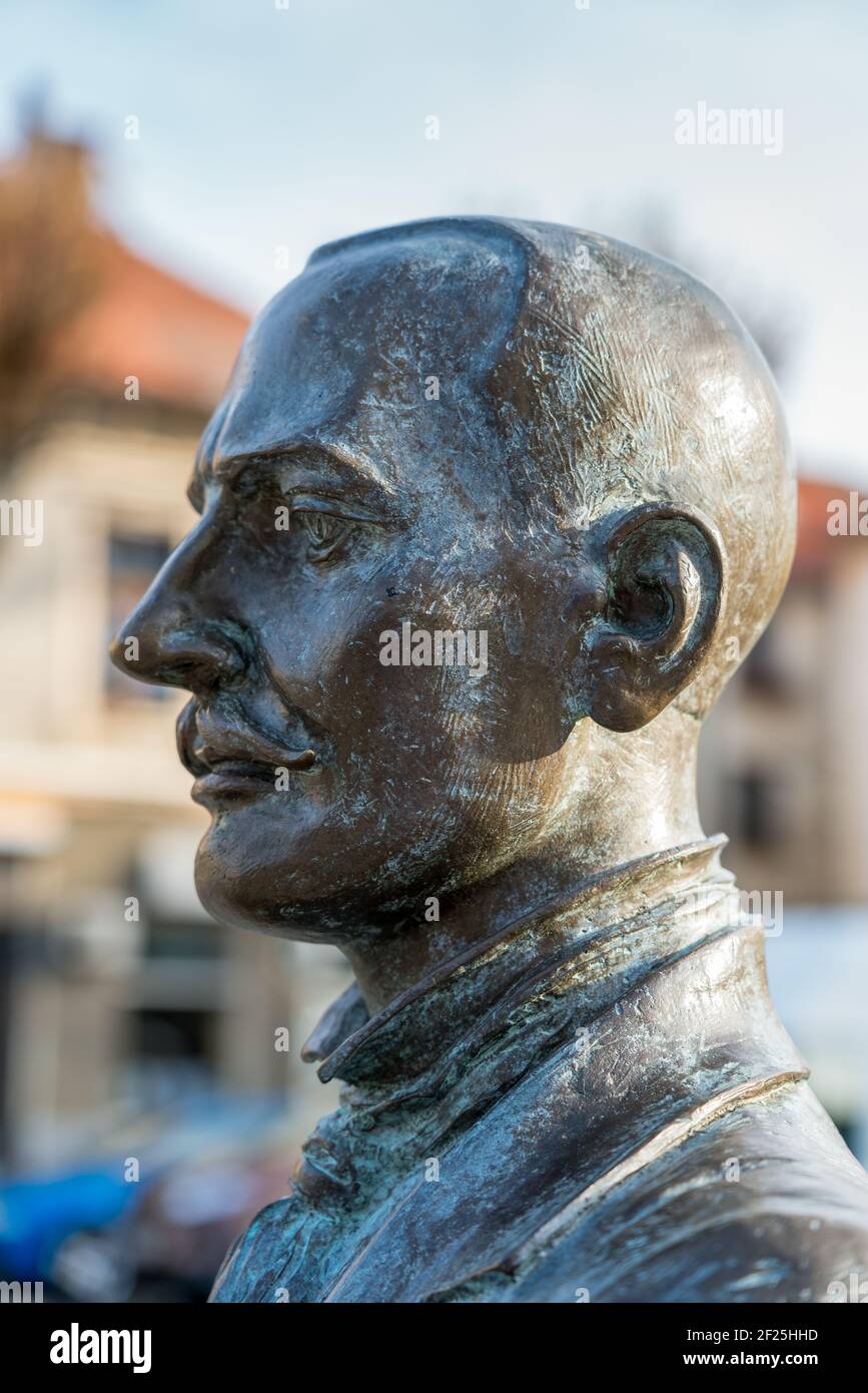 BISTRITA, TRANSYLVANIE/ROUMANIE - SEPTEMBRE 17 : statue de bronze du photographe Alexandru Rosu à Bistrita Transylvanie Romani Banque D'Images