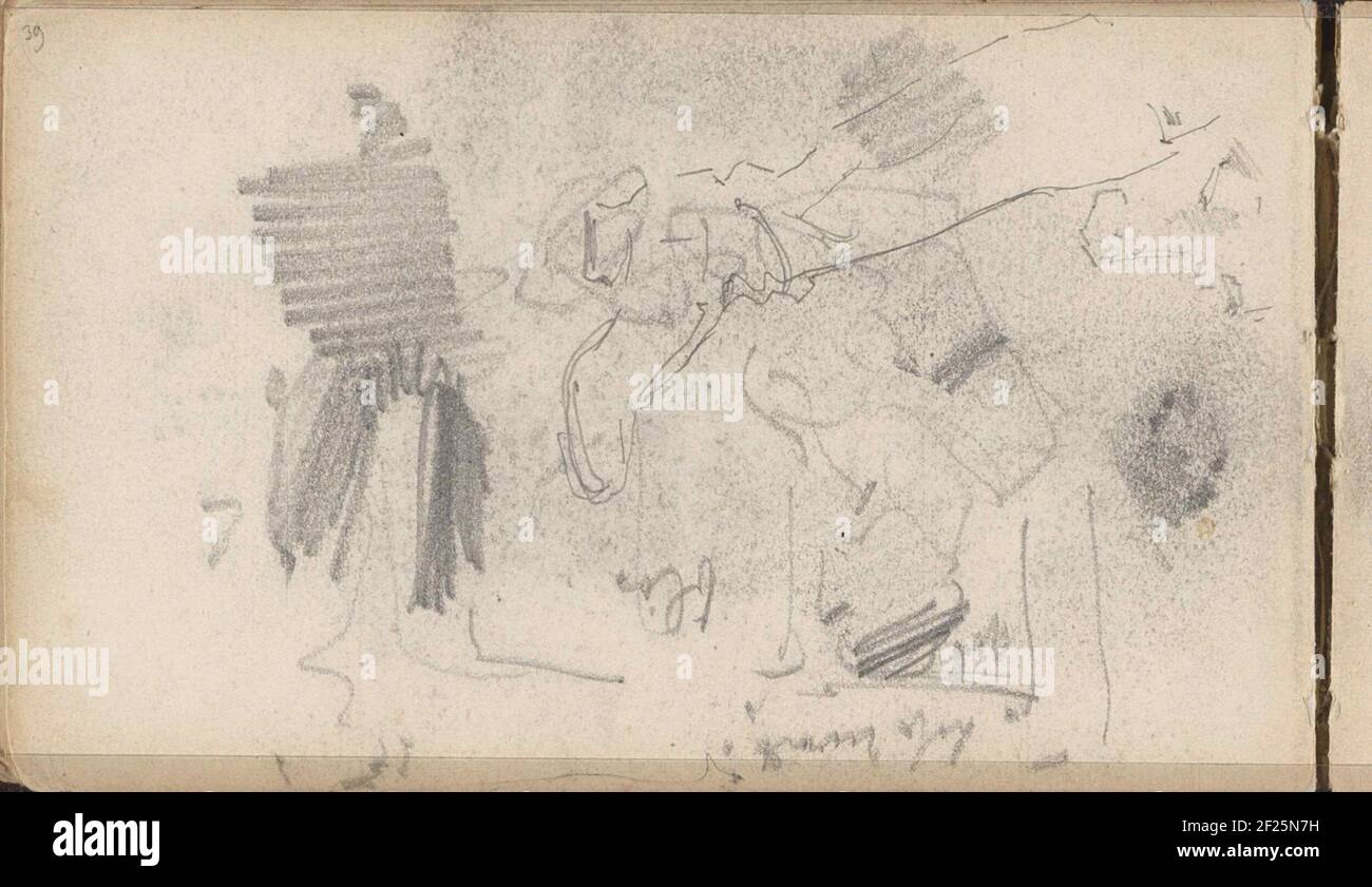 Studieblad.entre autres choses, une jambe inférieure avec la chaussure et une étude de figure. Page 39 d'un carnet de croquis avec 30 feuilles. Banque D'Images