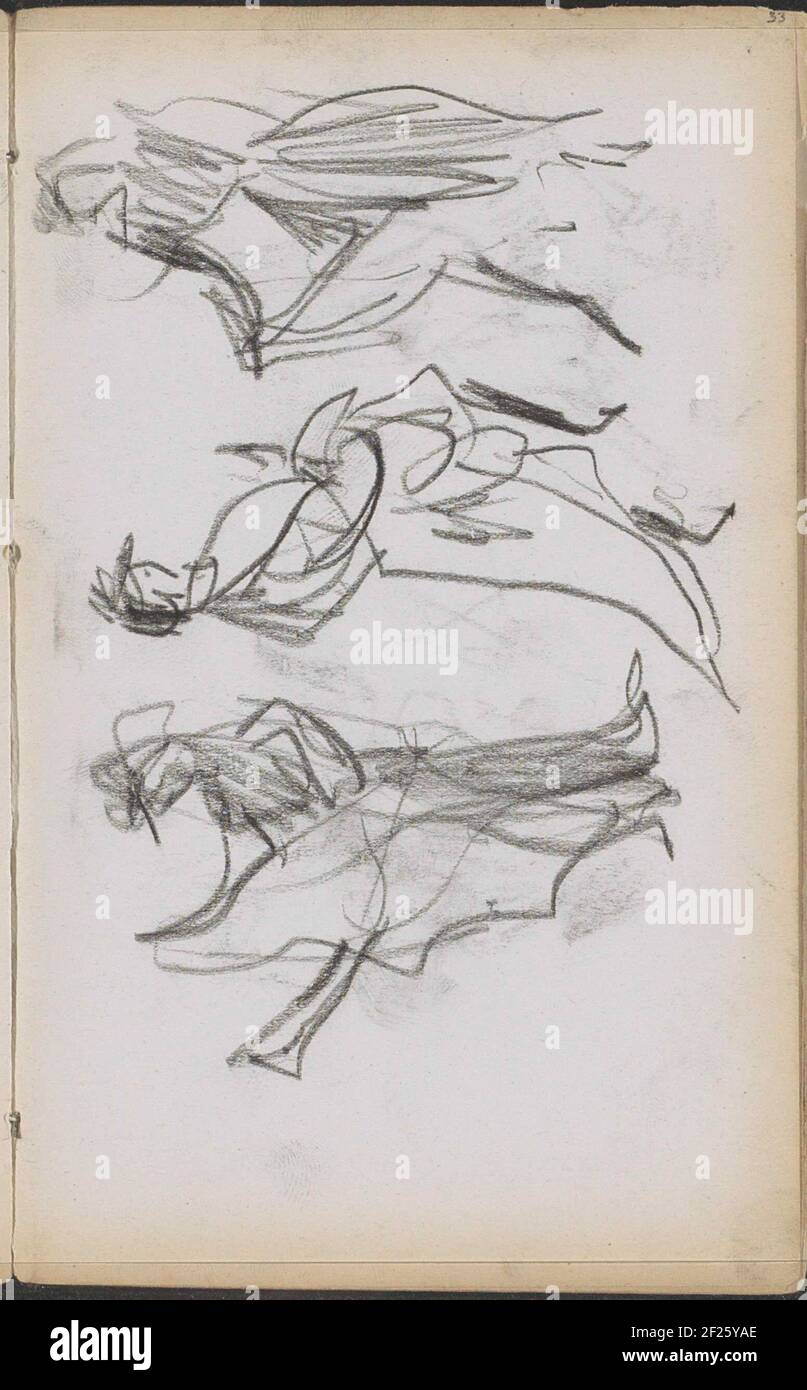 Danseressen de Moulin Rouge.une des femmes a mis une jambe dans l'air. Une autre incliner sa jupe vers le haut. Ils dansent probablement le Cancan. Page 33 d'un carnet de croquis avec 35 feuilles. Banque D'Images