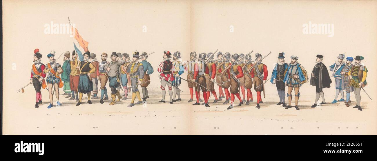 Mascarade des étudiants de Leiden, 1875 (planche 3); Mascarade organisée par les membres du corps étudiant de Leidsche le 15 juin 1875 pour la célébration du 300e anniversaire du Leidsche Hoogeschool, représentant le Leidsche Hoogeschool, représenté par les hommes les plus célèbres et les plus remarquables, Qui de sa Fondation ont lié leur nom à la procession costumée Haren.Historique des étudiants de Leiden Hogeschool tenue le 15 juin 1875 à l'occasion du 300e anniversaire de l'Université. La procession dépeint les hommes les plus célèbres attachés à l'université. Troisième plaque avec les groupes numérotés Banque D'Images