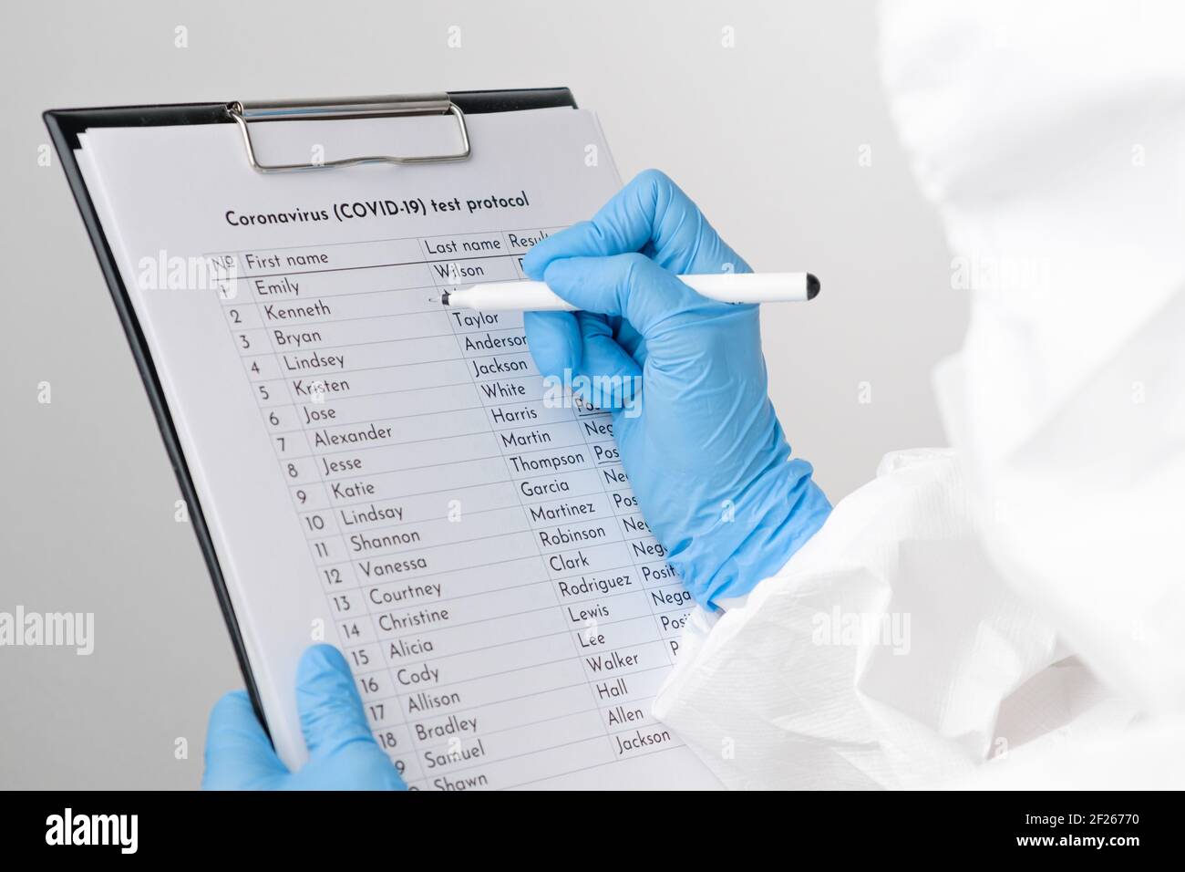 Médecin ou travailleur médical remplissant ou vérifiant le coronavirus Covid 19 protocole de test Banque D'Images