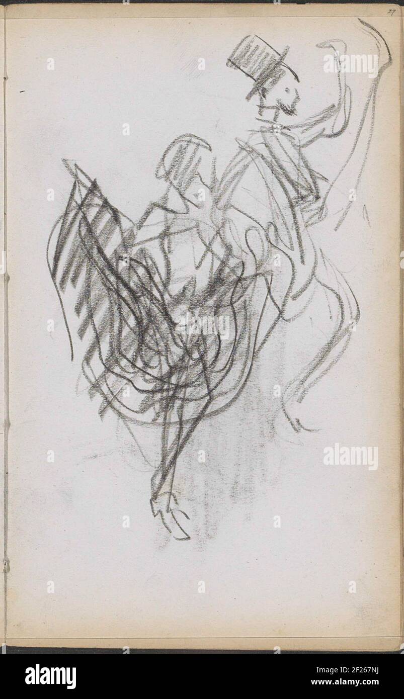 Dansende man en vrouw.l'homme et la femme lancent une jambe dans l'air. Ils dansent probablement le Cancan. Page 27 d'un carnet de croquis avec 35 feuilles. Banque D'Images