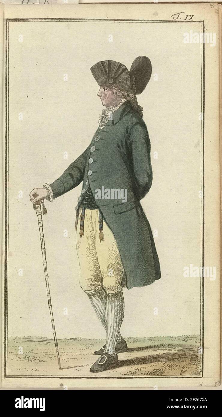 Journal des Luxus und der Moden 1786, Band I, T. 9.petit Maitre, 'et Chenille' (à Négligé). Sur la tête un chapeau 'à l'Androsmane', autour du cou un épais mouchoir anglais fait de mousseline. Frak avec de grands boutons de nacre. Veste sans manches, pantalon de genou avec boucles anglaises. Bas à rayures blanc-bleu, chaussures à nez carré et boucles. Deux montres à lilas chatlaines 'à lófficier'. Bâton de marche avec bouton doré. Imprimé du magazine de mode Journal des Luxus und der Moden, publié par Friedrich Justin Bertuch et Georg Melchior Kraus, Weimar, 1786-1826. Banque D'Images