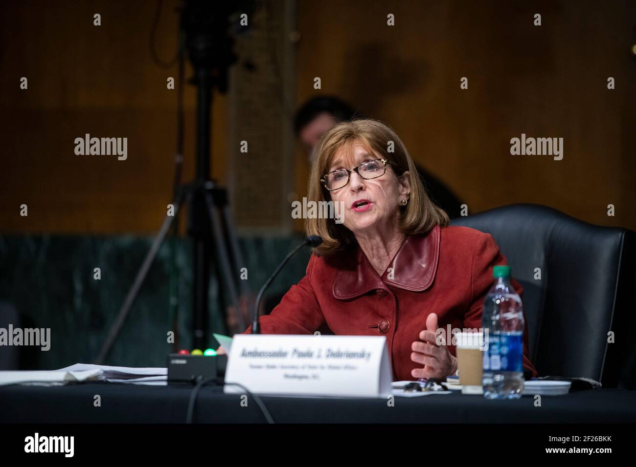 Washington, États-Unis d'Amérique. 10 mars 2021. L'Ambassadeur Paula J. Dobriansky, ancienne sous-secrétaire d'État aux Affaires mondiales, comparaît devant une audience du Comité sénatorial des relations étrangères pour examiner l'état de la démocratie dans le monde, dans l'édifice Dirksen du Bureau du Sénat à Washington, DC, le mercredi 10 mars 2021. Credit: Rod Lamkey/CNP | usage dans le monde crédit: dpa/Alay Live News Banque D'Images