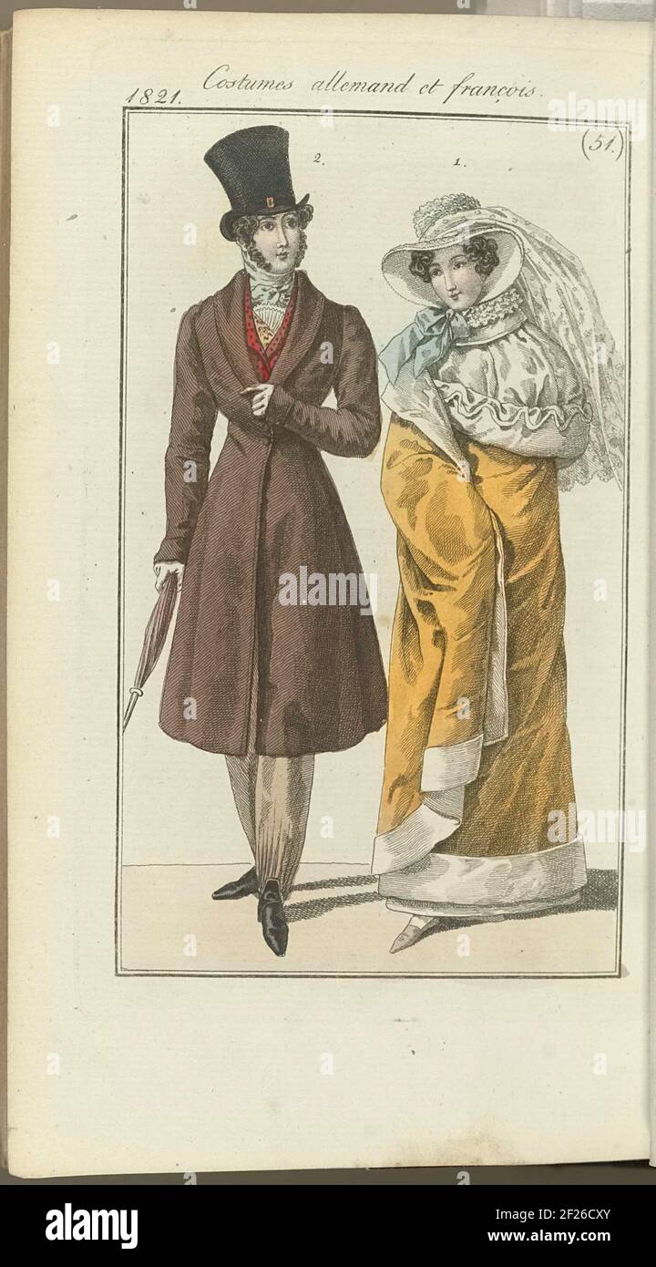 Journal des Dames et des modes, Editie Frankfurt 16 décembre 1821, costumes  allemand et françois (51).le texte d'accompagnement (p. 679) mentions: Mode  viennois: FIG. 1: Chapeau en peluche avec un voile de